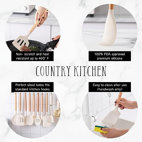 Non Stick Silicone Utensil Set with Rounded Wood Handles for Cooking and Baking (38 Piece Set / Khaki)