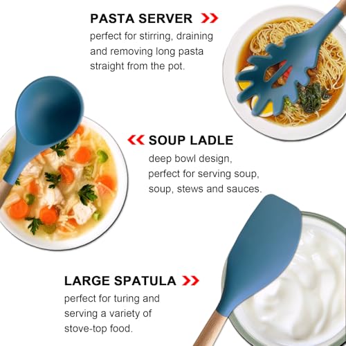 Silicone Cooking Utensils Set 6Pcs Heat Resistant Silicone Kitchen Utensils Set for Cooking Spatula Spoon Turner Ladle w Wooden Handle (Standard 6-Piece Set / Blue)