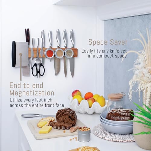 Premium 24 inch Magnetic Knife Holder for Wall with 2x Storage & Charming Wood (Acacia Wood / 24" w/ Wall Mount)