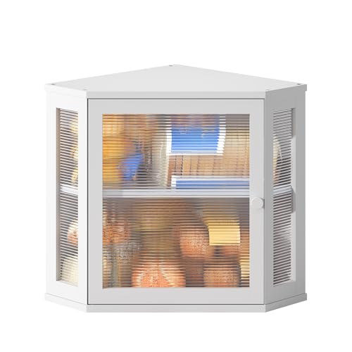 Corner Bread Box for Kitchen Countertop Double Layer Bamboo Wooden Bread box Large Capacity Bread Storage Bin (White / Medium)