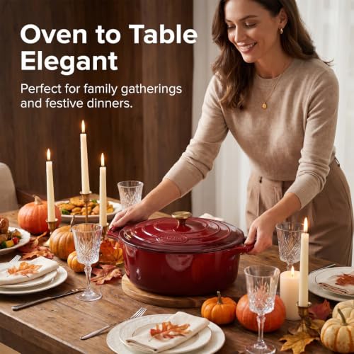 La Cuisine Enameled Cast Iron Oval Dutch Oven Casserole Dish Pot with Lid 6.75 QT Internal Matt Black Enamel Coating Gold (6.75 QT Oval / Cranberry)