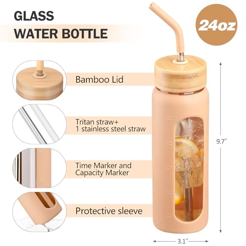 Glass Water Bottle with Straw and 2 Lids