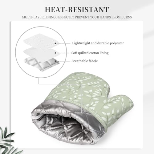 Oven Mitts and Pot Holders Set Sage Green Botanical Leaf Silicone Kitchen Accessories 4 Piece Heat Resistant Long Gloves Potholder Non (C12)