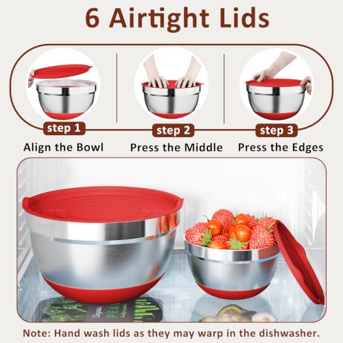 9 Pack Mixing Bowls with Airtight Lids & Grater Attachments (Red)
