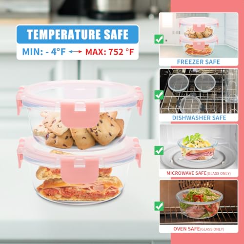 12pack 13oz Small Glass Food Storage Containers with Lids (13oz, 12 Pack - Pink Set, Same Size)