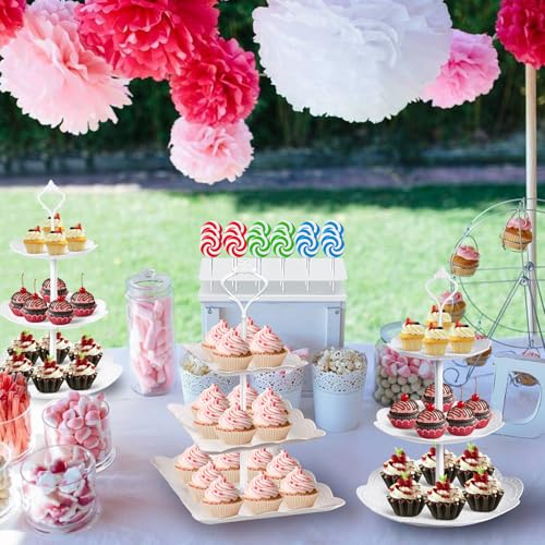 10 Pcs Cake Stand White Plastic Dessert Table Display Set 4 Pcs 3 Tired Cupcake Stand Cookie Tray Rack Serving Tray Cake Display Tower and 6 Pcs Dessert Trays for Wedding Baby Shower Tea Party