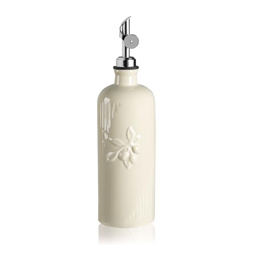 Sweejar Ceramic Olive Oil Dispenser Bottle for Kitchen Counter (Beige / 20 oz (Silver Spout))