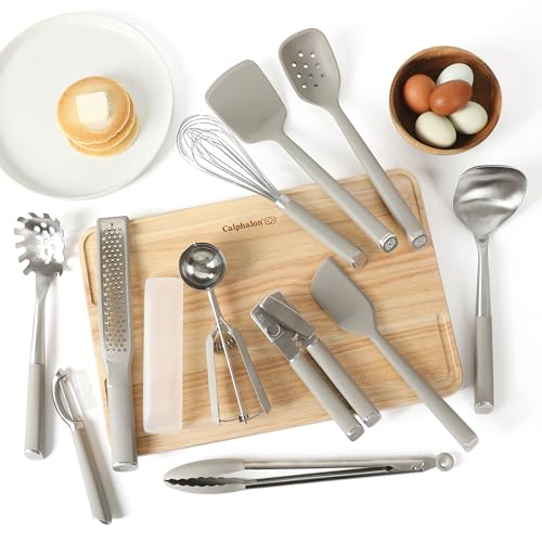 Edge 11 Piece Silicone and Stainless Steel Kitchen Tool Set (Taupe / Stainless / 11-Piece Tool & Gadget Set)