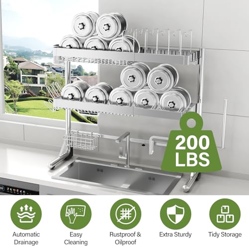 Over The Sink Dish Drainer Drying Rack 3 Tier (Silver / 3 Tier with Pots and Pans Rack)