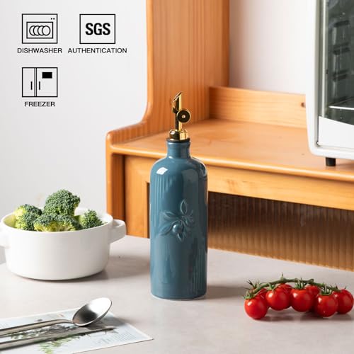 Sweejar Ceramic Olive Oil Dispenser Bottle for Kitchen Counter (Fog Blue / 20 oz (Gold Spout))
