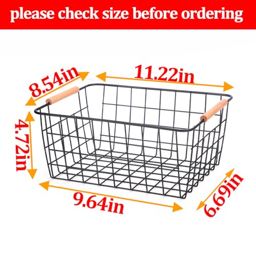Metal Wire Food Storage Basket Organizer with Wooden Handles for Organizing Kitchen Cabinets