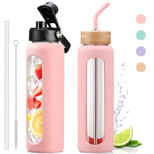 Glass Water Bottle with Straw and 2 Lids