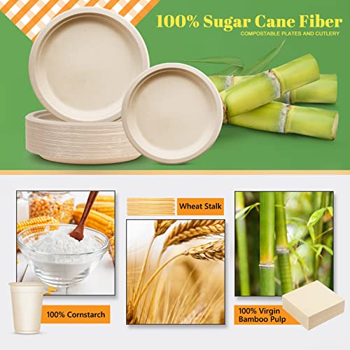 Compostable Paper Plates Set 250pcs Disposable Sugarcane Plates Utensils Eco