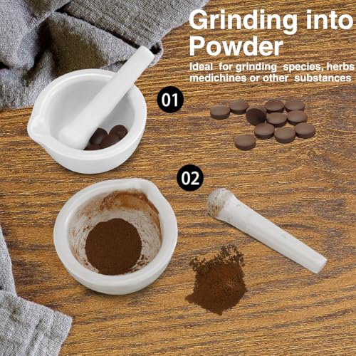 2 Sets Mini Porcelain Mortar and Pestle Set Porcelain Herb Grinder Crusher Grinding Bowl Kitchen Mixing Grinding Bowl with 2 Pieces Brushes for Seasonings