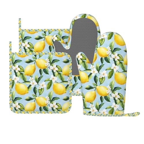 Oven Mitts Pot Holders Set Lemon Watercolor Flower Silicone Kitchen Gloves Potholders Heat Resistant for Chef Baking Cooking Grilling BBQ 4 Pack Mitt (C091)
