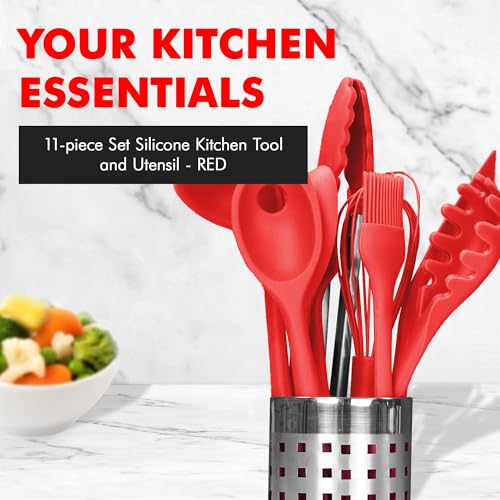 Premium Silicone Kitchen Tool and Utensil Set (11 Piece Set / Red)