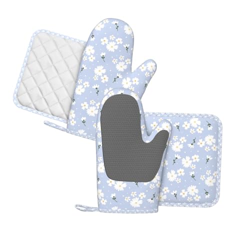 Oven Mitts Pot Holders Set Daisy Flower Pastel Silicone Kitchen Gloves Potholders Heat Resistant for Chef Baking Cooking Grilling BBQ 4 Pack Mitt (C07)