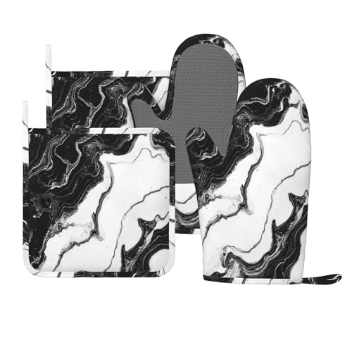 Oven Mitts and Pot Holders Marble Black White Liquid Abstract Silicone Kitchen Accessories Set of 4 Heat Resistant Long Gloves Potholder Non (A0992)