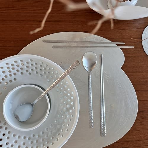 Korean Made Silver Glossy Hammered Stainless Steel Korean Spoon & Chopstick SET