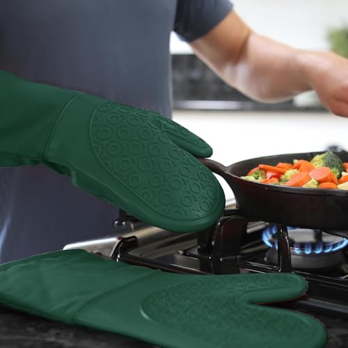BPA Free Silicone Oven Mitts Ultra Heat Resistant up to 500°F (Green / 2-Piece 13.7" Oven Mitts)