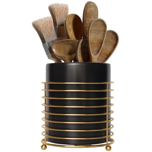 Large Utensil Holder for Kitchen Counter Cooking Utensil Holder Gold Ring Metal Frame and White Ceramics