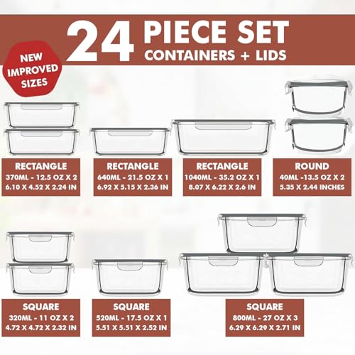 24 Pc Airtight Glass Food Storage Containers (Gray)