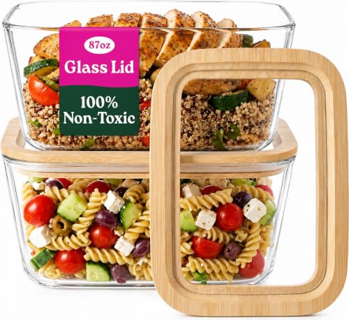 Large Glass Food Storage Containers with Glass Lids & Bamboo Rim (87.7 Fl Oz)