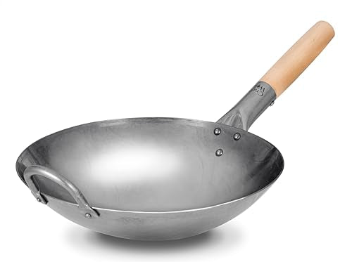 Traditional Hand Hammered Carbon Steel Pow Wok with Wooden and Steel Helper Handle