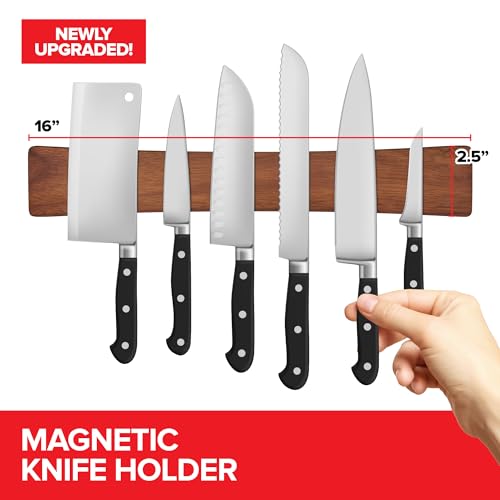16 Inch Acacia Wood Magnetic Knife Holder Wooden Knife Rack and Magnet Strip for Knives and Metal Utensils Tool and Art Supply Organizer 15 Count (16" 15 Pack / Acacia Wood)