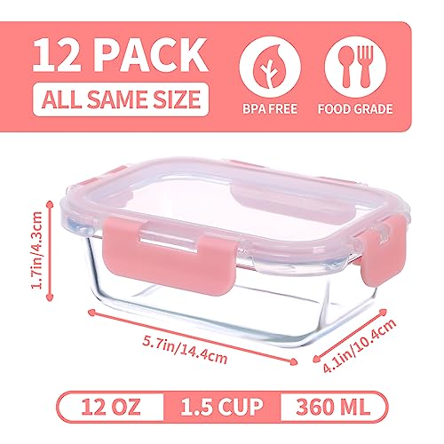 12 Pack 12oz Small Glass Food Storage Containers (12oz, 12 Pack - Pink Set, Same Size)