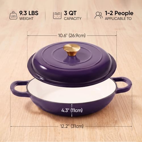 Dutch Oven Enameled Cast Iron with Lid (Purple / 3 QT（Shallow Pot）)