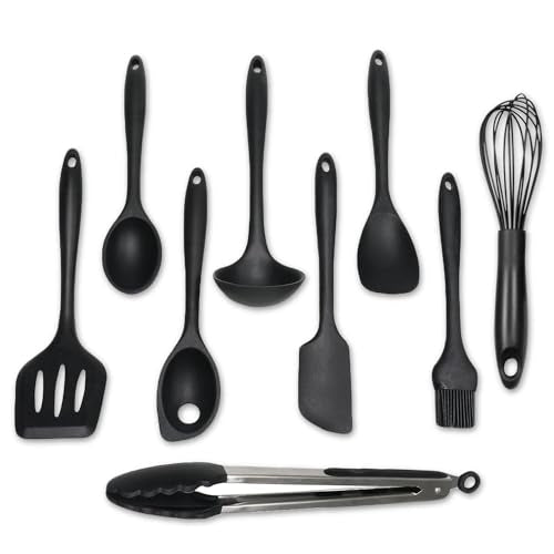 Premium Silicone Kitchen Tools and Utensils Set (9 Piece Set / Black)