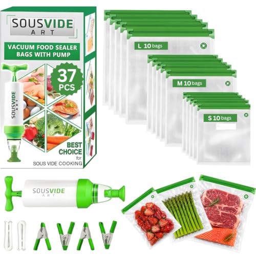 37pcs Reusable Vacuum Seal Bags with Vacuum Sealer (30-Bag Set / Manual Pump)