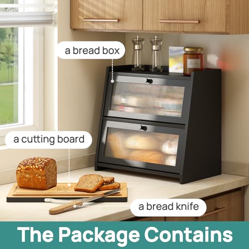 Bread Box for Kitchen Counter (Black With Cutting Board)