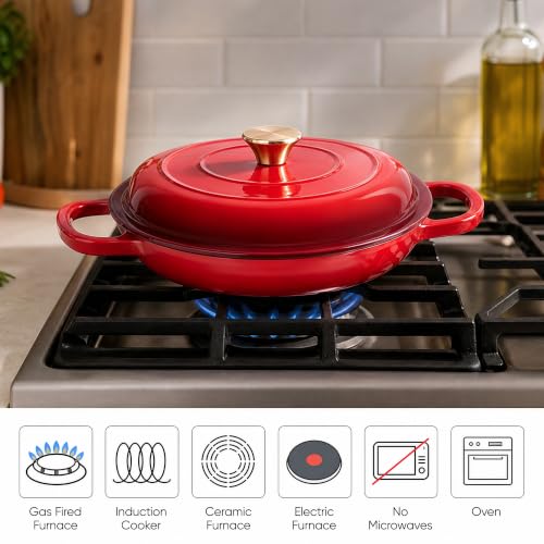 Dutch Oven Enameled Cast Iron with Lid (Red / 3 QT（Shallow Pot）)