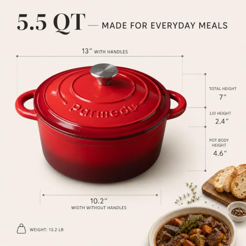 5.5QT Enameled Cast Iron Dutch Oven for Sourdough Bread Red (Cherry Red / 5.5QT)
