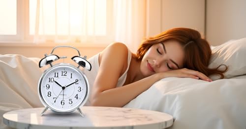 Table Clock Retro Twin Bell Metal Frame Alarm Clock with Night Backlight Function and Silent Motion (Silver Vintage)