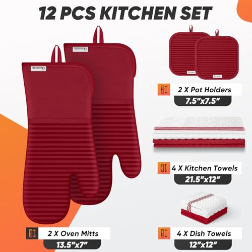 Oven Mitts Kitchen Towels and Dishcloths with Pot Holders Sets (Red)