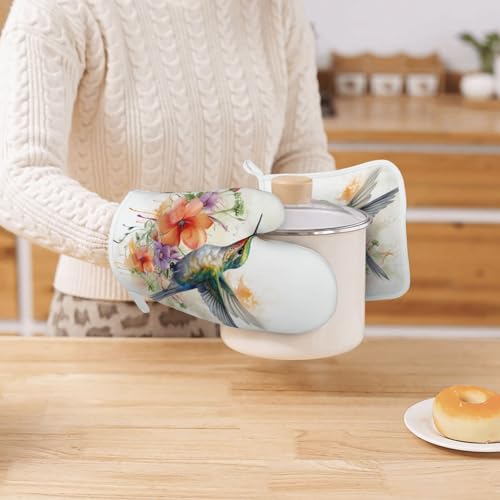 Oven Mitts and Pot Holders Watercolor Hummingbird Flower Silicone Kitchen Accessories Set of 4 Heat Resistant Long Gloves Potholder Non (B02)