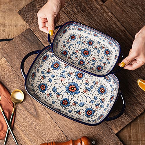 Baking Dish Ceramic Baking Pan Blue Casserole Dish Rectangular Baking Set 2pcs Bakeware Sets Single Serving Size Lasagna Pan Baking Dishes for oven