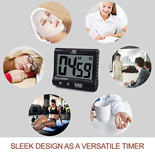 3" Large Display Kitchen Timer (.Matte Black - Sleek Design - 3 Big No Show Function Buttons / 3" Large LCD Display - 1.5" Big Digits -Loud Alarm)