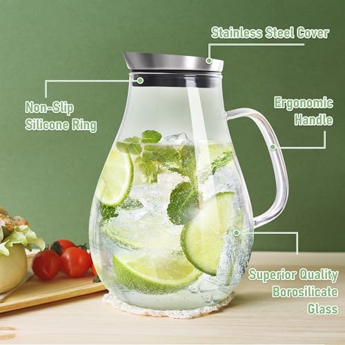 2 Liter Glass Pitcher With Lid And Spout Juice Carafe Iced Tea Water Jug for Homemade Beverage