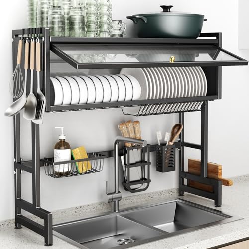 Over The Sink Dish Drainer Drying Rack 3 Tiers with Cover (Black / 33.4in)
