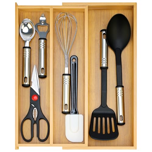 Bamboo Utensil Drawer Organizer Cutlery Tray Kitchen Tools Drawer Holder Expandable Silverware Organizer Tray for Saptula Spoon Large Cooking Utensils Organizer Adjustable Wooden Flatware Organizer