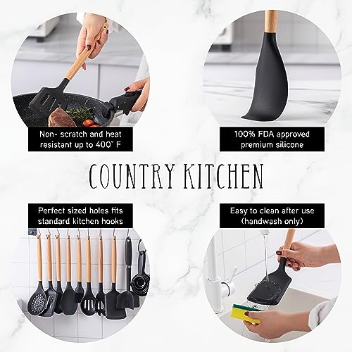 Non Stick Silicone Utensil Set with Rounded Wood Handles for Cooking and Baking (38 Piece Set / Black)