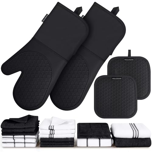 Silicone Oven Mitts Pot Holder Kitchen (Black)