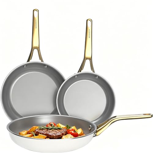 3 Piece White Ceramic Nonstick Frying Pan Set (White)