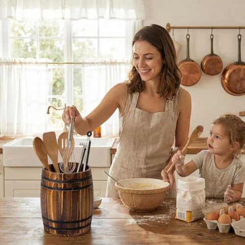 Rustic Wood Wine Barrel Design Kitchen Utensil Crock