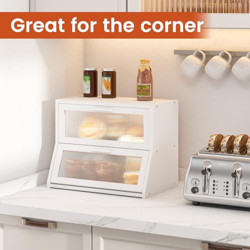 Double Layer Bamboo Bread Box for Kitchen Counter (White / Medium)
