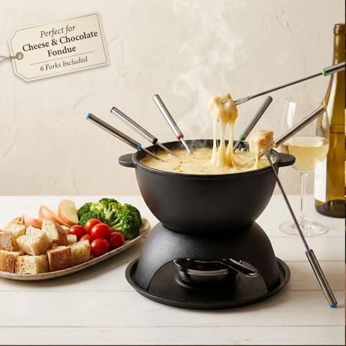 11 Piece Cast Iron Fondue Set with Adjustable Burner 6 Colored Forks